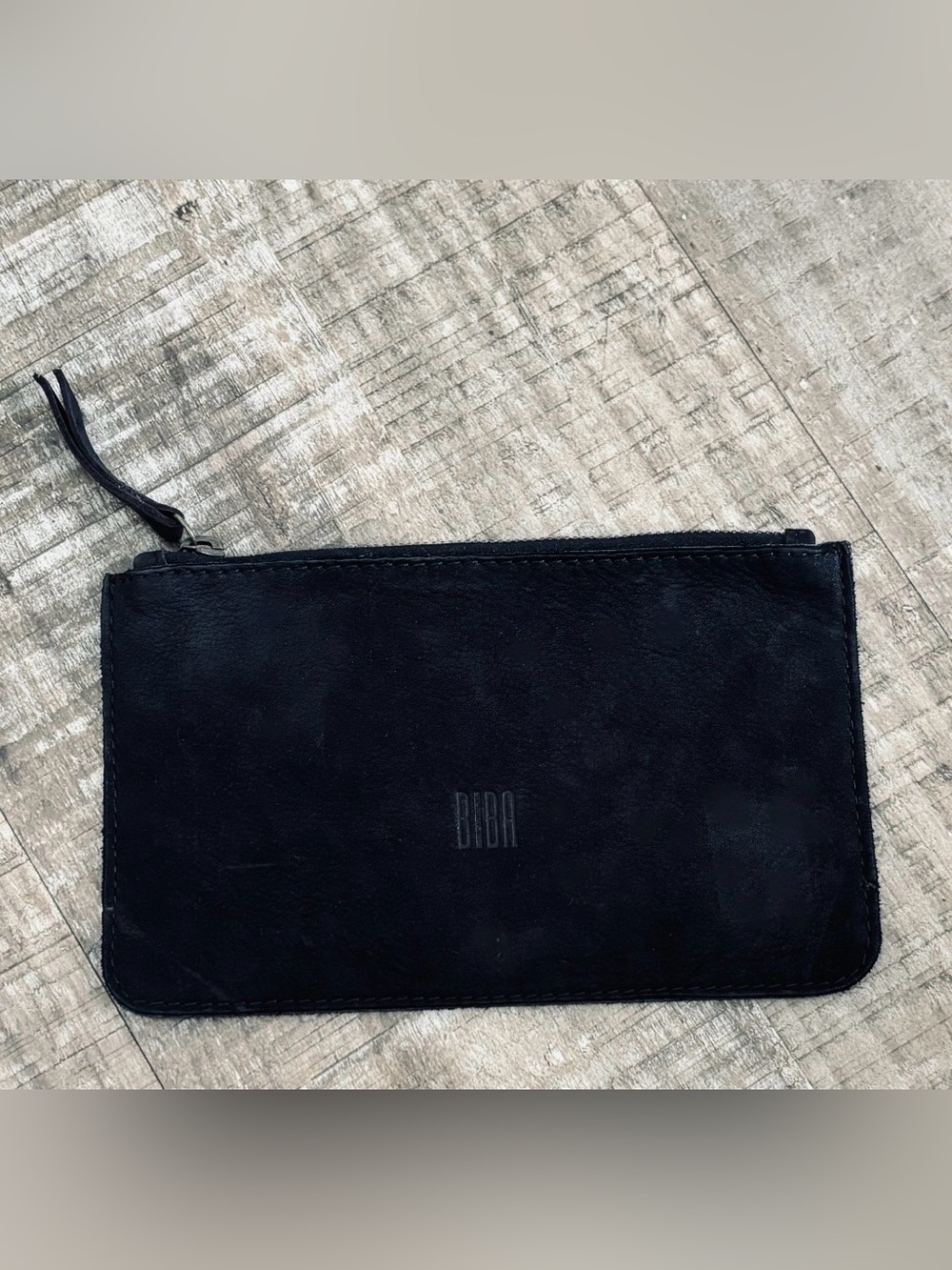 Biba black suede leather zip pouch 10" x 5"
